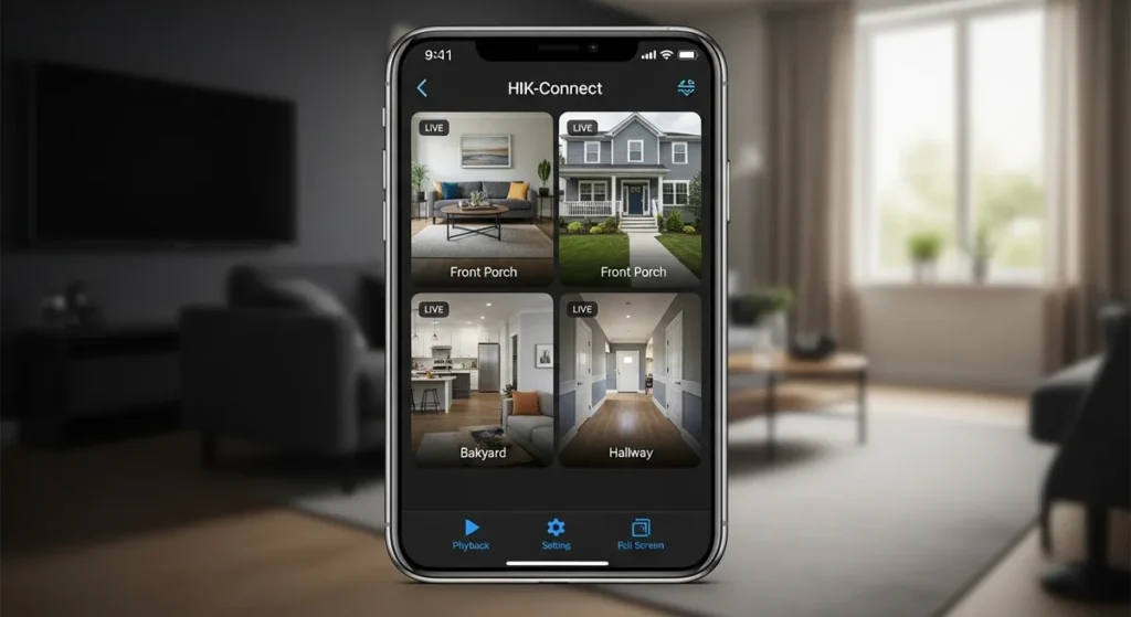Tampilan aplikasi Hik-Connect untuk monitoring CCTV dari HP