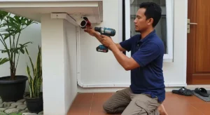Teknisi cctvgo.id melakukan instalasi jasa pasang CCTV masjid dan mushola dengan hasil rapi dan profesional